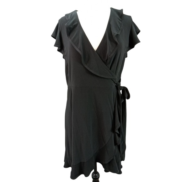Tiana B Dress Womens Black Wrap Jersey Flutter Sleeve Asymmetric Ruffle Hem Sz L - Picture 1 of 8